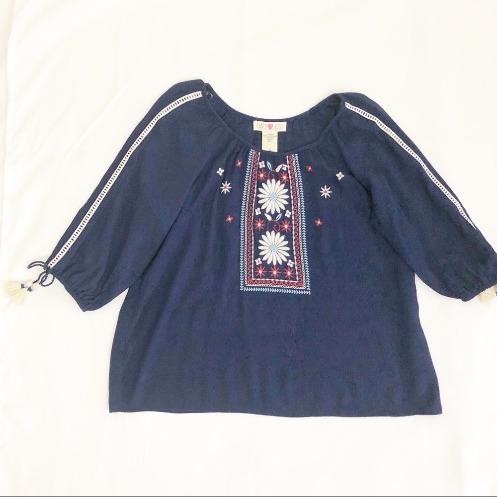 NWT Kandy Kiss Boho Top Embroidered Tassels Navy Girls Sz M